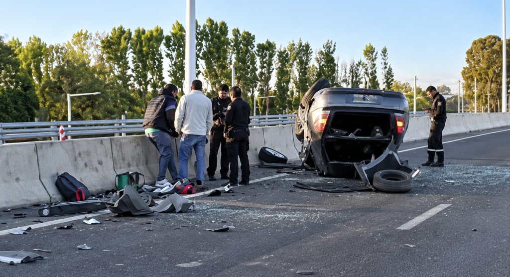 Accidente en autopista con Citroën volcado